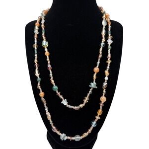 Long Layered Multicolored Glass Stone & Seed Necklace Boho Fashion Jewelry